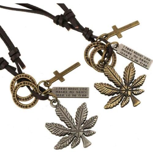 New Harajuku Steampunk Style Weed Necklace Chunky Maple Leaf Cross Dog Tag Pendants Women Necklace Long Leather Choker Jewelry