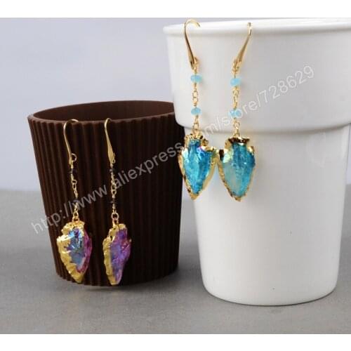 BOROSA 5PCS Gold Color Rough Natural Titanium Quartz Arrowheads Charm Earrings With Rose Beads G0759