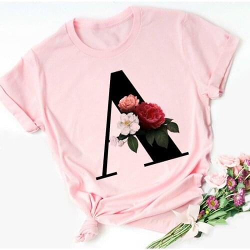 2021 New Summer 26 English Alphabet Print Tshirt Fashion Harajuku Casual Pink Tops T Shirt Women Couples Lovers Female T-Shirt