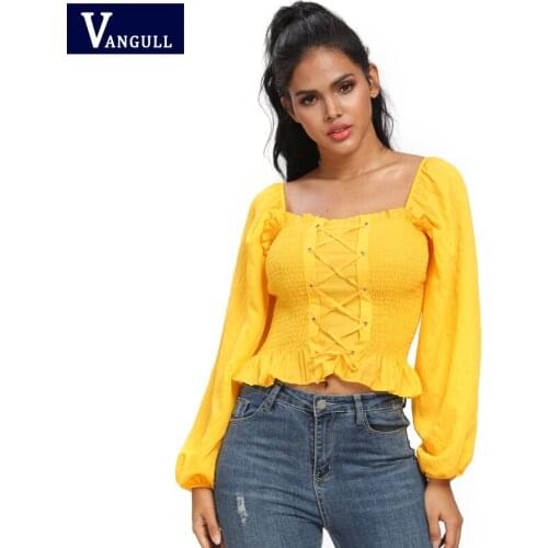 Vangull Summer Square colar Solid Women Chiffon shirt Long Puff sleeve Bandage Elastic bust Designed Sweet French Short Shirt