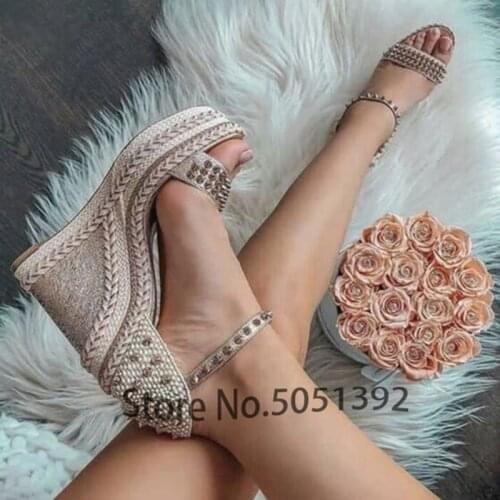 Woman Wedges Rivet Sandals Open Toe One Strap Braided Ankle Strap Dress Shoes Wedding Maid Platform Comfort Summer Spring Shoes