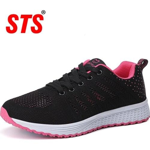 STS Womens Casual Flats Shoes Fashion Mesh Hiking Walking Sneakers Breathable Light Ladies Outdoor Sports Footwear Lace-Up