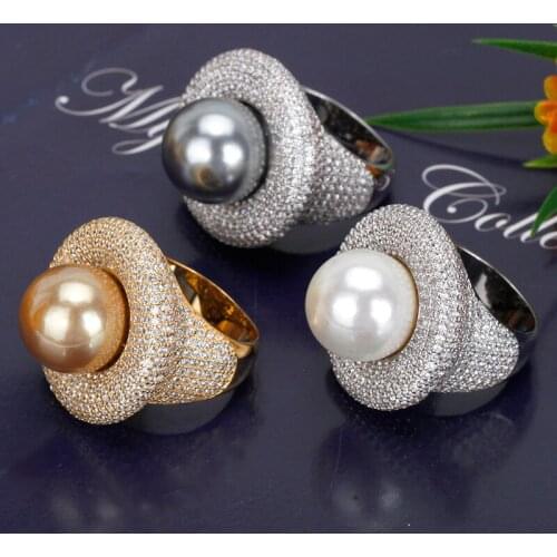 New Trendy Round Pearl Statement Rings for Women Cubic Zircon Finger Rings Beads Charm Ring Bohemian Beach Jewelry Gifts