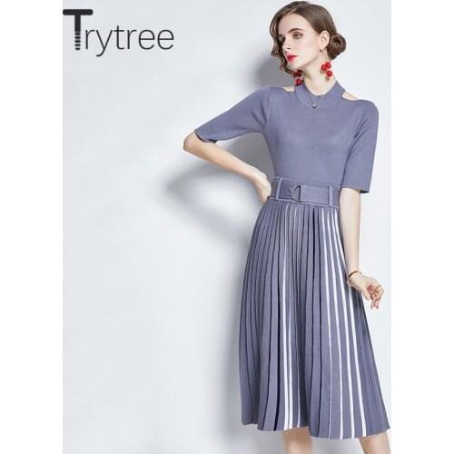 Trytree Summer Casual two piece Women Out Off Shoulder Knitted Top + Pleated Skirt Elasitc Waist Belt Office Lady 2 Piece Set