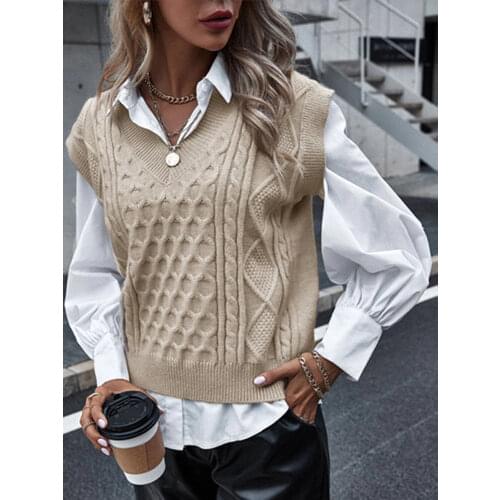 Womens Sweater Vest Solid V-neck Knitting Vests Sleeveless Autumn Winter Hook Flower Hollow Elegant Spliced Plaid Casual Tops