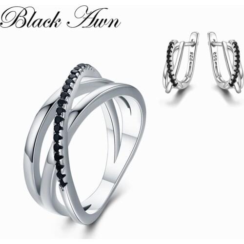 BLACK AWN 925 Sterling Silver Fine Jewelry Sets Trendy Engagement Wedding Ring+Earring for Women I023+G006