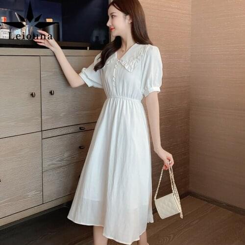 Leiouna Office Lady Pencil O-Neck Collar Student Dress Elastic Waist Summer Temperament Small Fairy Skirt Chic Gentle Dress