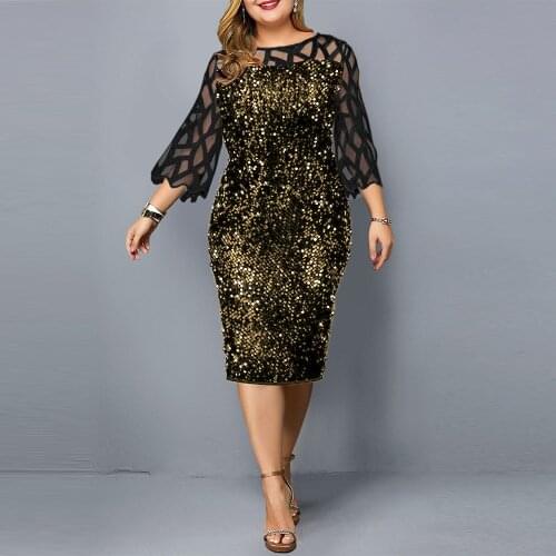 Plus Size Dress for Women 2021 Autumn Elegant Sequin Evening Party Dress Ladies Long Sleeve Casual Dress Women Clothing 4XL 5XL