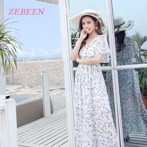 Plus Size Chiffon Printed Dress 2021 Spring Summer V-Neck Bohemian Flying Sleeve Slim Waist Fashion Casual High Waist Dresses