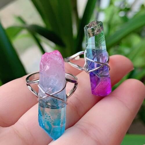 1PC Reiki Rainbow Natural Stone Irregular Rock Quartz Wire Wrapped Crystal Ring Adjustable Open Ring Fashion Women Jewelry Party