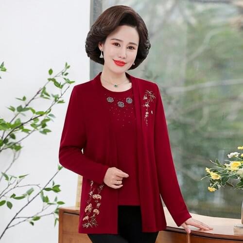 2pcs/set, Middle Age Women Long Sleeve Knitted Cardigan Top + T-shirt Spring Fall Plus Size Mother Clothing Camisetas Mujer