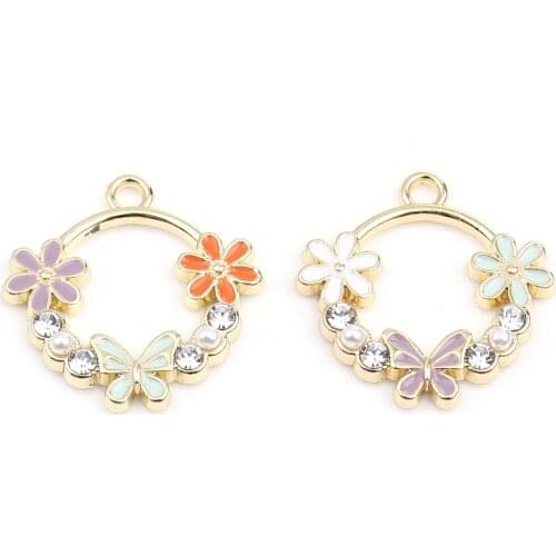 Sweet Butterfly Flowers Circle Ring Charms Pendants Gold Color Clear Rhinestone Pendnts for DIY Necklace Jewelry 24mmx20mm, 5PCs