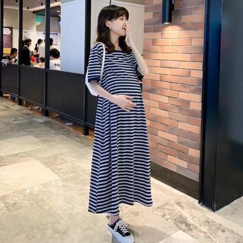 59460# Maternity Dress Summer Cotton Short Sleeves Loose Knitted Striped Dress Pregnant Women Mom Dress