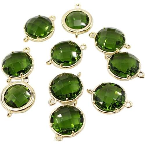 APDGG 10Pcs 14MM Natural Green Crystal Round Gold Plated Connector For Necklace Pendant Jewelry DIY