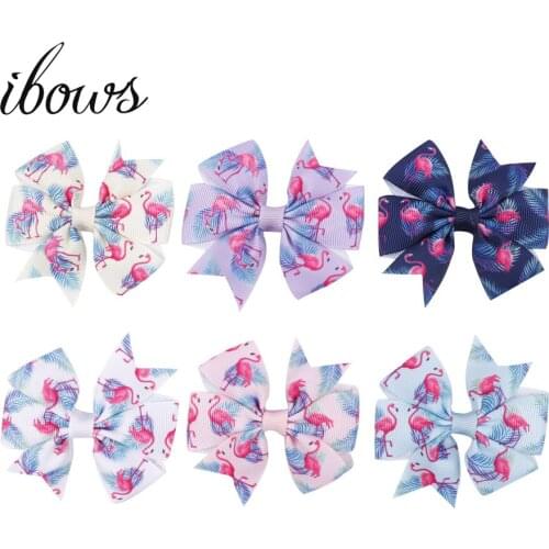 IBOWS 6 Pcs/lot 3 Inch Flamingo Printed Hair Bows Pinwheel Bowknot Grosgrain Ribbon For DIY Girls Hair Clips Hair Accessories