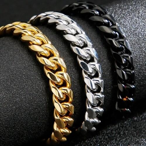 12MM Shiny & Brushed Stainless Steel Mens Curb Chain Bracelet For Men Black Gold Color Biker Bracelets Male Jewelry Dropshipping
