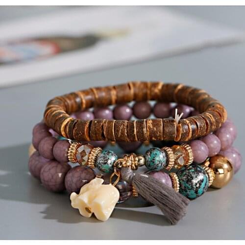 3pcs Wooden Layered Bracelets For Women Accessories Bohemia Elephant Beads Tassel Charm Bangles Set Boho Vintage Jewelry Pulsera