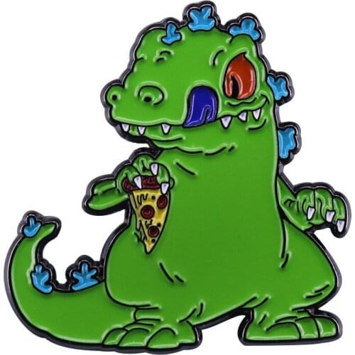 Dinosaur Eating Pizza Badge Funy Animal Food Cute Green Tyrannosaurus Metal Enamel Lapel Clothes Coats Bag Badge Brooch Pin