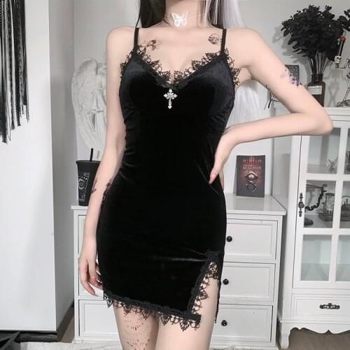 Goth Cross Sexy Slit Black Spaghetti Strap Dress Vintage Sleeveless Lace Bodycon Streetwear Party Club Summer Dress for Women