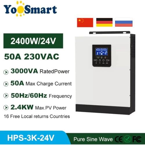 YooSmart 2400W 24V Solar Charger Controller PWM 50A Pure Sine Wave 50Hz/60Hz 220V Off Grid Hybrid 3KVA Battery Charger Inverter