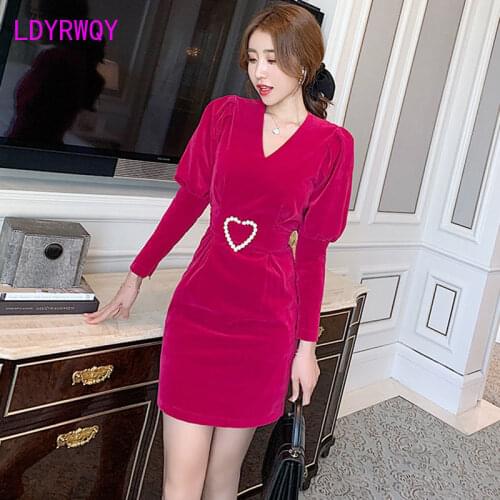 LDYRWQY Womens 2021 new trendy French temperament long-sleeved dress womens waist sexy Office Lady Sheath