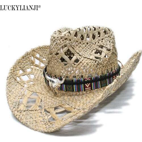 LUCKYLIANJ Womens Mens Vintage Wide Brim Straw Sun Beach Cowboy Cowgirl Western Hat Ethnic Style Cow Scalp Band (58cm)