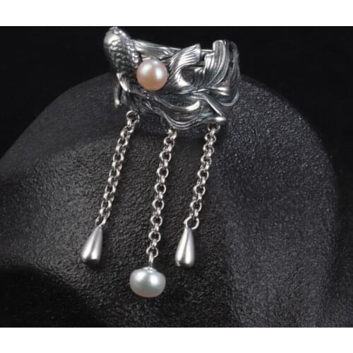 BOCAI New 2021 Trend Real S925 Sterling Silver Jewelry Handmade Retro Koi Open Tassel Woman Ring Inlaid with Pearls