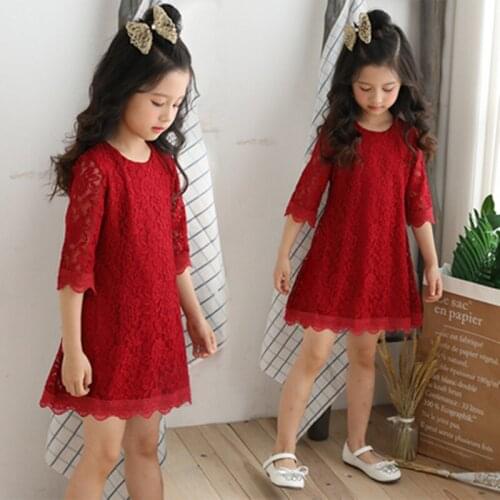 3-8Y Autumn Little Girls Costume Kids Clothes Girl Dress Elegant Lace Kids Dresses for Girls Casual Wear Long Sleeve Red Dresses