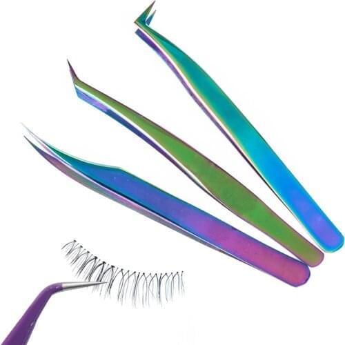 Stainless Steel Straight Curved Eye Eyelash Tweezers Rainbow Colored Fake Eyelash Extension Tweezers Pointed Clip Profession