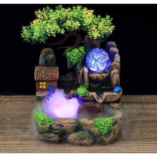 Led Lights Resin Rockery Flowing Water Fountain Lucky Feng Shui Wheel Office Desktop Ornaments With Nebulizer Home Decoration