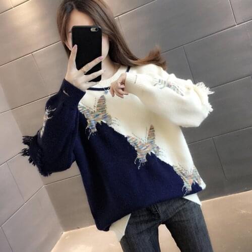 2021 Spring Sweater Womens Autumn Winter Loose Long Sleeve Pullover Women Round Neck Butterfly Embroidery Knitting Jumpers