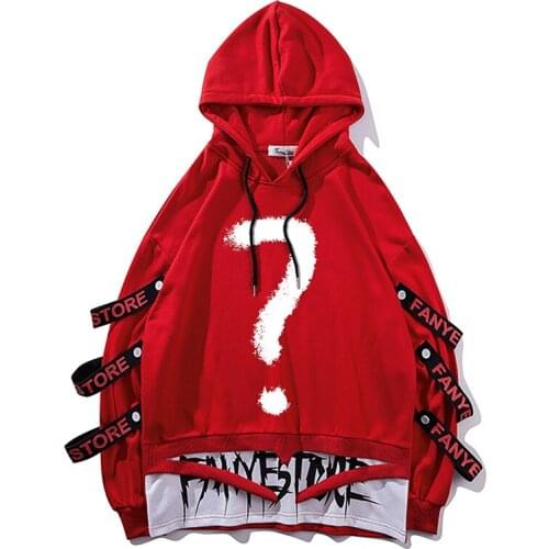 Oversize Ribbon Hoodies Men The Question Mark Print Hip Hop Pullover Patchwork Pocket Hoodie Casual Clothes Streetwear wholesale