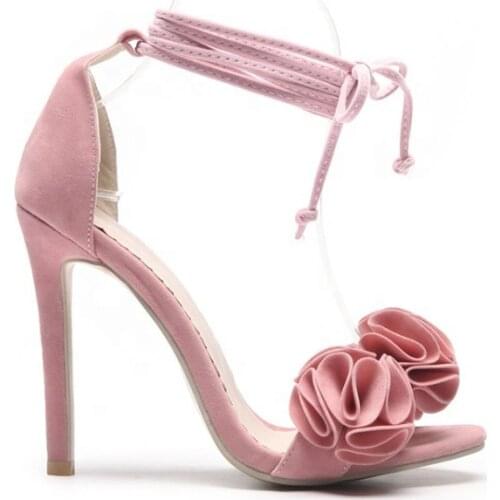 2020 China Flower Girls Shoes Ankle Strap Pink Suede Thin High Heeled Pumps New Design Fashion Big Sizes Peep Toe Womens Sandals