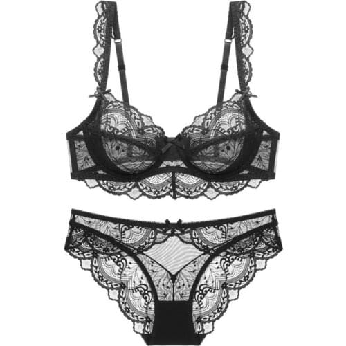 Black Transparent Women Bra and Panties Set Lingerie Sexy Plus Size C D E Cup Brassiere Lace Underwear Sets for Girl Women