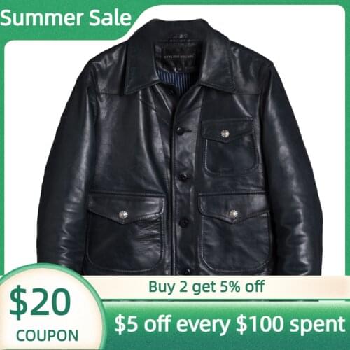 2021 Blue American Retro Casual Style Genuine Leather Jacket Men Large Size 4XL Real Natural Cowhide Spring Slim Fit Coat