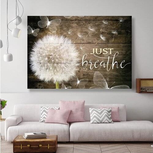 White Dandelion Canvas Wall Art Painting Picture Room Poster Inspiration Words Quotes Just Breathe Printing For Home Decoration