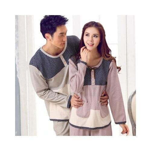 Free Shipping New arrive 100% Cotton LoversFull Sleeve Patchwork Blue Lavender Color Sleepwear