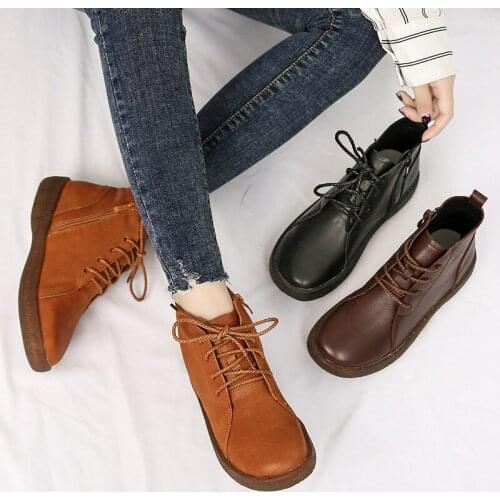 Tilocow Flat With Genuine Leather Women Ankle Boots Spring Autumn Female Riding Fashion Boots Ladies Luce-Up Shoes Botas Mujer