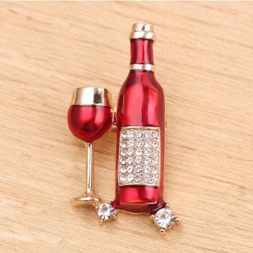 Red Wine Glass Cup Brooch Rhinestone red enamel pins oli painted brooches for women party dress jewelry badges gifts