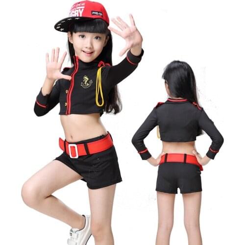 Girl Black Hip-Hop Hip Hop Costume Aerobics Jazz Dance Children Cheerleader Costume Shirt Pants Student Suit for Kids