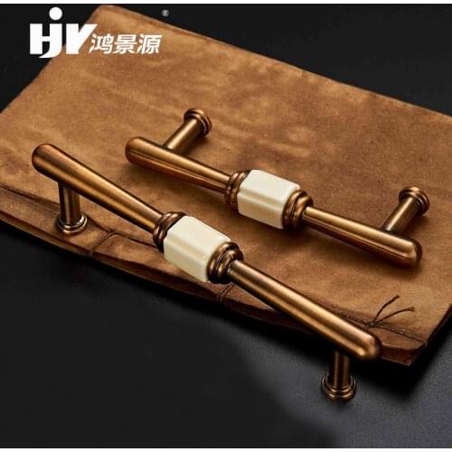 HJY Brass Handle Kitchen Vintage Ceramic Handles Antique Dresser Cabinet Door Pulls Classic Furniture Decoration 96/128mm Z469
