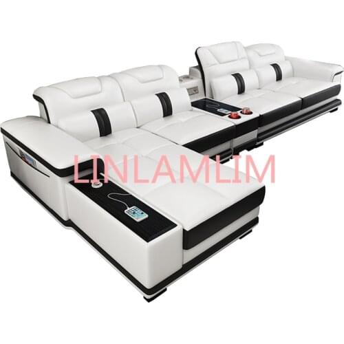 Living room Sofa L shape corner genuine leather couch Nordic speaker sound system radio Iphone charge USB Bluetooth cup holder