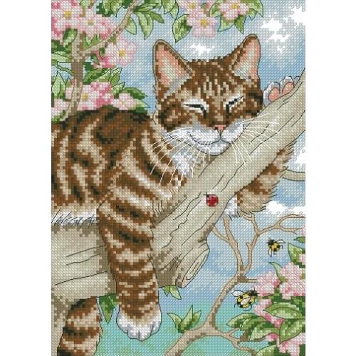 Top Quality Beautiful Lovely Counted Cross Stitch Kit Napping Kitten Cat Kitty Sleep Sleeping on Tree dim 65090 6509