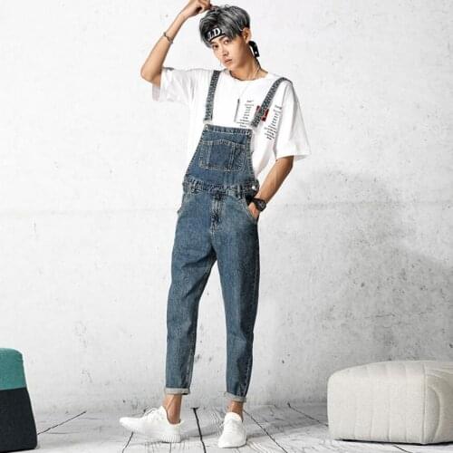 2020 Spring New Denim Strap Pants Mens Siamese Sling Pants Tide Brand Handsome Loose Tooling Feet Pants Hairstylist Bib Pants