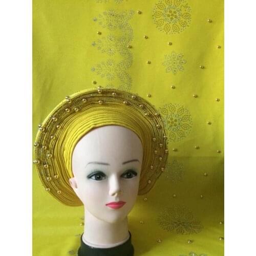 New Bead/Stones Design Aso Oke Headtie,Yellow African Aso Oke Headtie/Shawl Nigeria For Nigerian African For Women Wedding Party