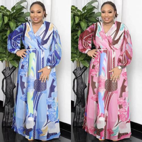 MD Women Dresses African Print Chiffon Abaya Ankara Robes Long Sleeve Shirring Dress Elegant Ladies Clothes Wedding Party Gown
