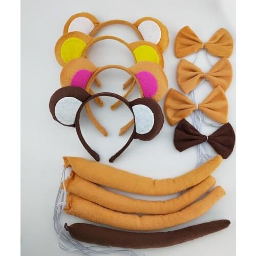 Animal Tail Ear Headband Bow Tie 3Pc Party Monkey Fancy Dress Costume For Halloween Carnivals for Boy Kids Man Christmas