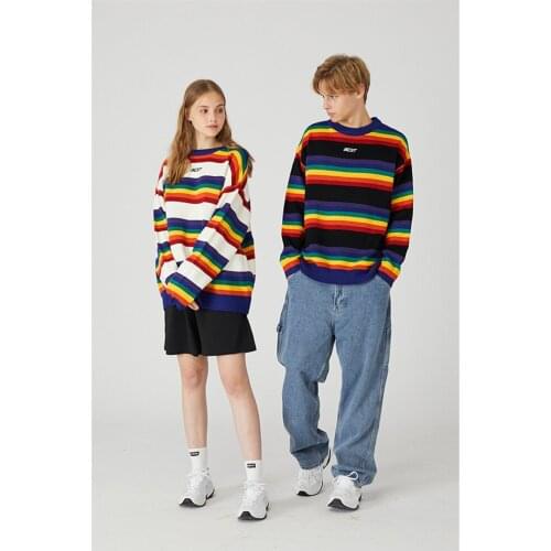 Dropshipping Harajuku Rainbow Striped Knitted Pullover Sweaters Unisex Hip Hop Streetwear Fashion Hipster O-Neck Knitwear Tops