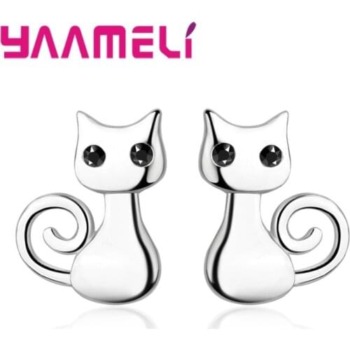 Cute Lovely Stud Earrings For Women Smart Cat Shape Jewelry Pave Shiny Black Cubic Zirconia Fine Top Quality 925 Silver Bijoux