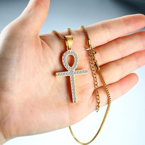 Stylish Ankh Cross Pendant Necklaces for Men Women, Bling CZ Stone Prayer Collar, Stainless Steel Box Chain Accessory